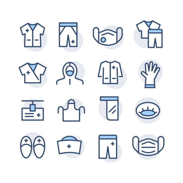Set of colored icons of medical clothes for doctors, nurse in hospitals, laboratories, emergency room. Vector thin line flat illustration. Editable stroke outline for web, UI, stories highlits. Set of colored icons of medical clothes for doctors, nurse in hospitals, laboratories, emergency room. Vector thin line flat illustration. Editable outline for web, UI, stories highlits. medical scrubs stock illustrations
