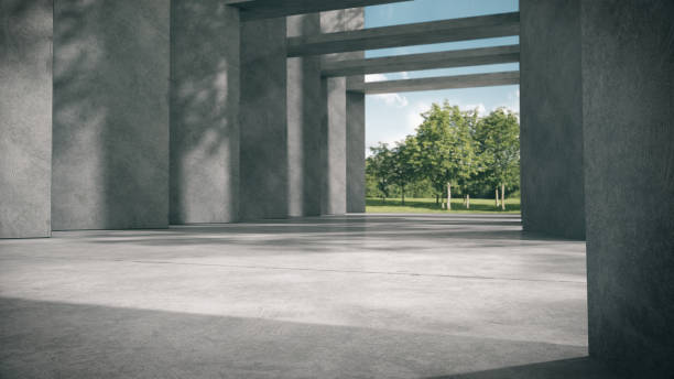 istock Empty space for products show in concrete hallway with park background. 1307040097