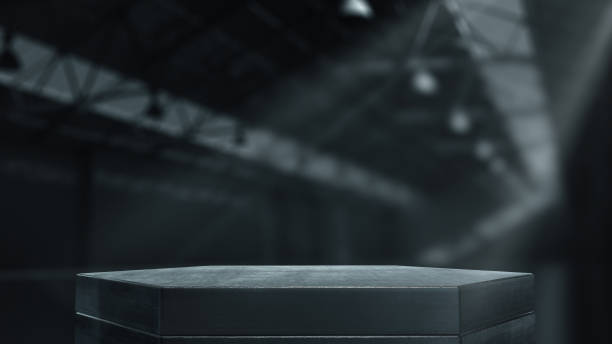Metal pedestals for product show in warehouse. 3d rendering.