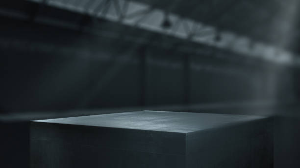 Metal pedestals for product show in warehouse. 3d rendering.