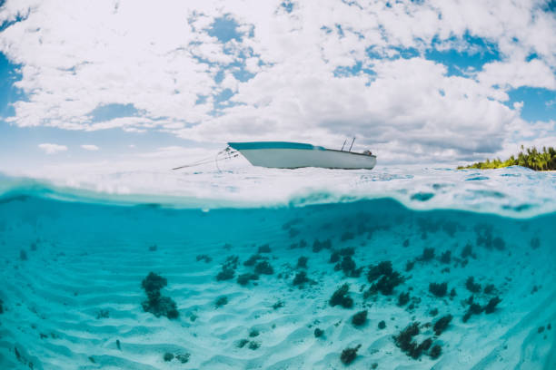 istock Clear tropical ocean water with sandy bottom and white boat 1307041737