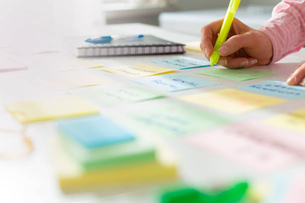 istock Business woman working on a project using sticky notes on her desktop. Brainstorming to find new development ideas and company strategies. 1307042765
