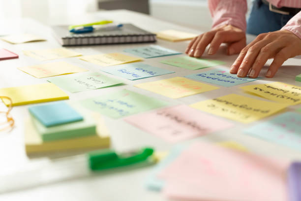 istock Business woman working on a project using sticky notes on her desktop. Brainstorming to find new ideas for the development of the company. 1307042772