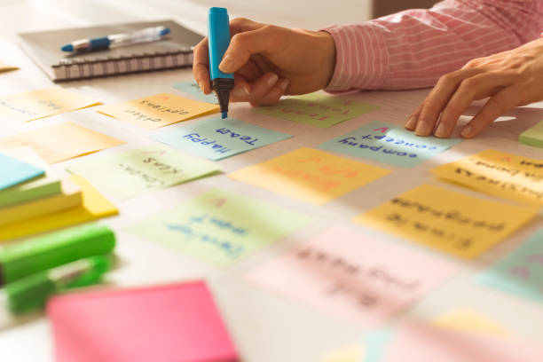 istock Business woman working on a project using sticky notes on her desktop. Brainstorming to find new ideas for the development of the company. 1307042777
