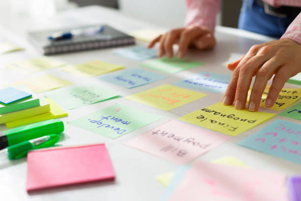 Business people write notes using stickers on paper. Brainstorming concept. Team meeting work on a project, develop ideas.