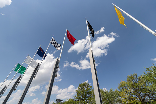 Indianapolis - Circa May 2017: The seven racing flags at Indianapolis Motor Speedway. IMS ran the Indy 500 without fans due to COVID concerns.