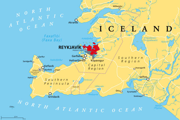 Iceland, Reykjavik, Capital Region and Southern Peninsula, political map Iceland, Capital Region and Southern Peninsula, political map. Reykjavik and vicinity, with Reykjanes Peninsula, a region in southwest Iceland, with cities, rivers and lakes. Illustration. Vector. capital region stock illustrations