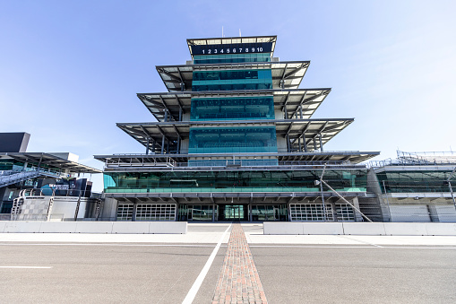 Indianapolis - Circa February 2017: The Panasonic Pagoda at Indianapolis Motor Speedway. IMS ran the Indy 500 without fans due to COVID concerns.