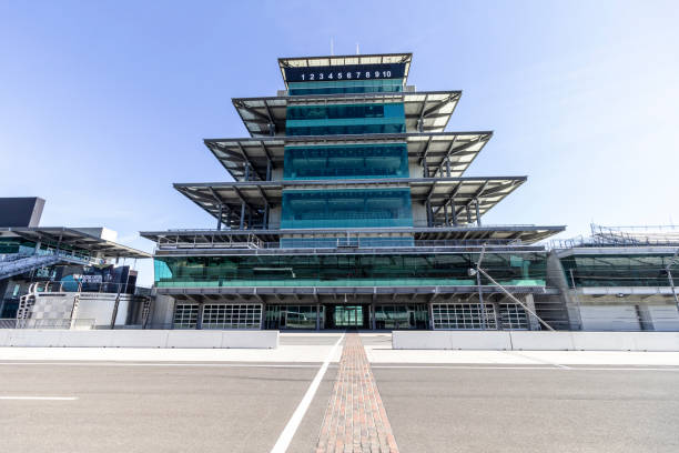 The Panasonic Pagoda at Indianapolis Motor Speedway. IMS ran the Indy 500 without fans due to COVID concerns. Indianapolis - Circa February 2017: The Panasonic Pagoda at Indianapolis Motor Speedway. IMS ran the Indy 500 without fans due to COVID concerns. stock car photos stock pictures, royalty-free photos & images