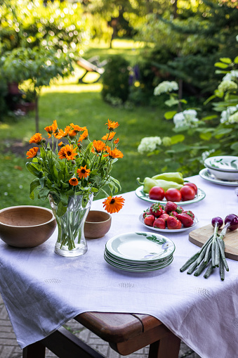 Dining table ready for garden party. Place setting with plates, vegetable, fruits and bouquet marigold flowers