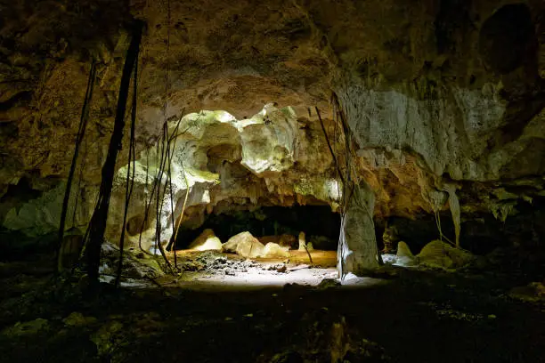 Kiwengwa Caves on Zanzibar island in Tanzania, worship locals ancestors, gifts to the holy stones, stalagmites and stalactites formed by water dissolving coral stones.