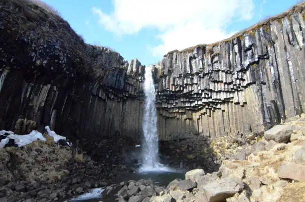 Basalt column waterfall in the country of Iceland.