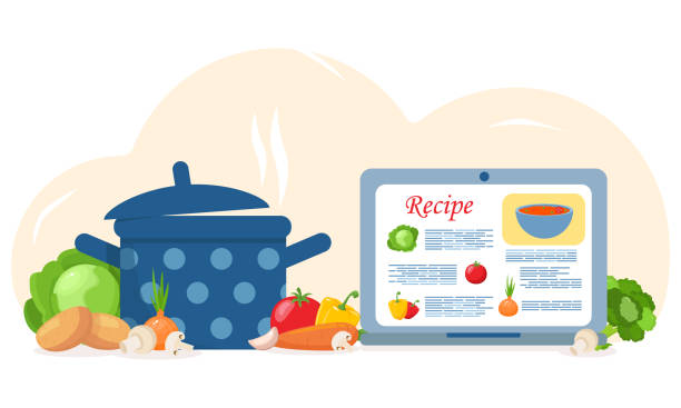 illustrations, cliparts, dessins animés et icônes de poêle avec soupe, ordinateur portable avec un site de recette, légumes, ingrédients pour la soupe - pan saucepan kitchen utensil isolated