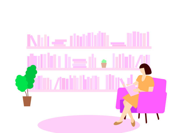 ilustraciones, imágenes clip art, dibujos animados e iconos de stock de ilustración de material vectorial. mujer leyendo en una silla de la biblioteca. diseño plano - boston athenaeum