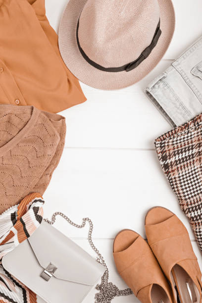 istock Second hand wardrobe idea. Top view over woman outfit. 1307052146