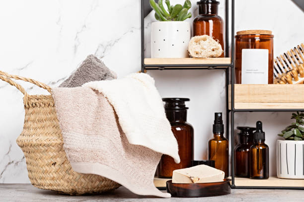 istock Bamboo and glass accessories for bath - jars, soap bar, brushes for personal hygiene. Zero waste, organic, plastic free, sustainable decor for bathroom 1307052170