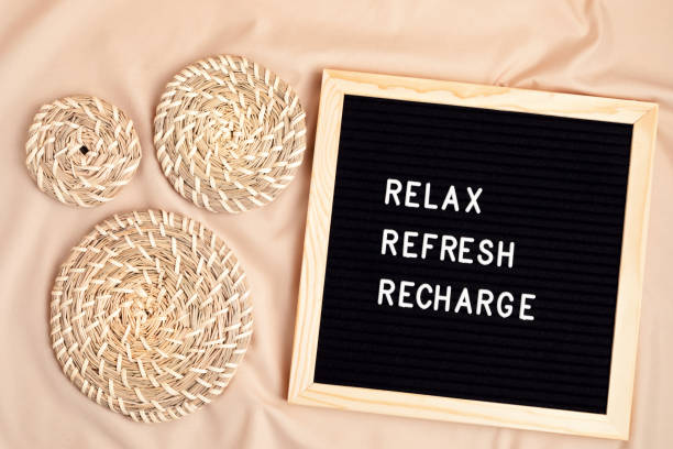 Relax, refresh, recharge, motivational quote on the letter board. Inspiration psycological text in the interior
