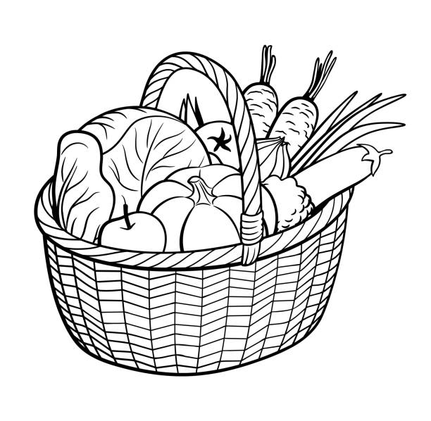 ilustrações, clipart, desenhos animados e ícones de legumes na cesta. esboço ilustração vetorial em preto e branco - basket apple wicker fruit