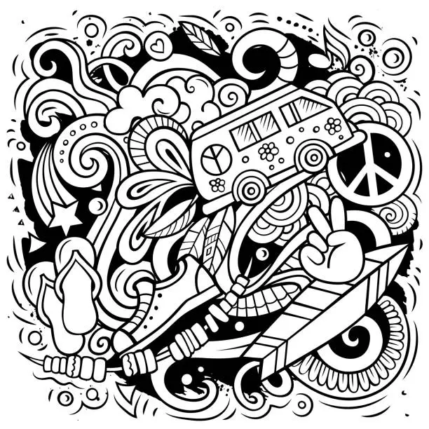 Vector illustration of Hippie hand drawn vector doodles illustration