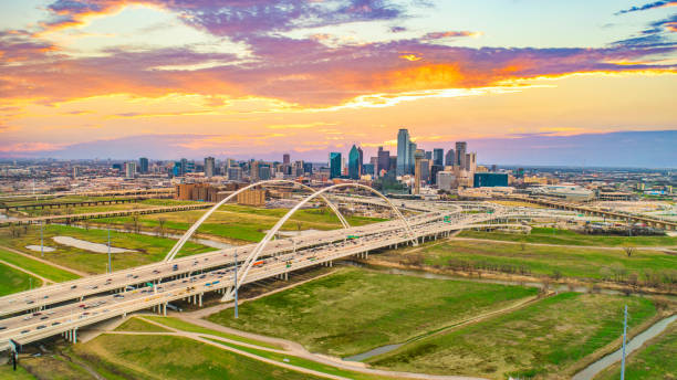 Downtown Dallas, Texas, USA Drone Skyline Aerial Panorama stock photo