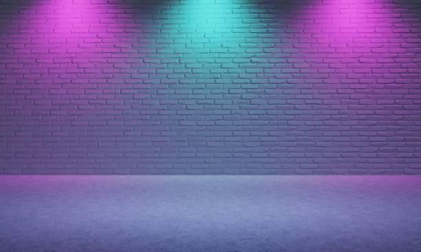 istock Bright empty room made from brick with violet and blue color spotlight background. Cyberpunk style and theater stage concept. Architecture and interior theme. 3D illustration rendering graphic design 1307053882