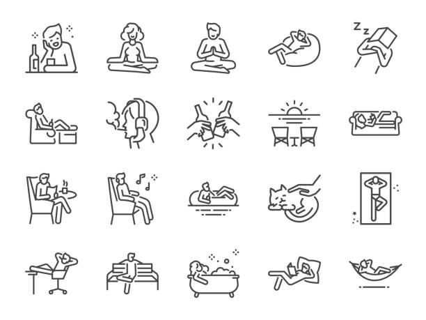 ilustraciones, imágenes clip art, dibujos animados e iconos de stock de relaje el conjunto de iconos de línea. incluido los iconos como frío, tomar un descanso, recreación, relajación, calma, y más. - lento