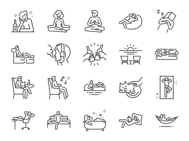 illustrations, cliparts, dessins animés et icônes de détendez l’ensemble d’icônes de ligne. inclus les icônes comme chill, prendre un repos, loisirs, détente, calme, et plus encore. - relaxation
