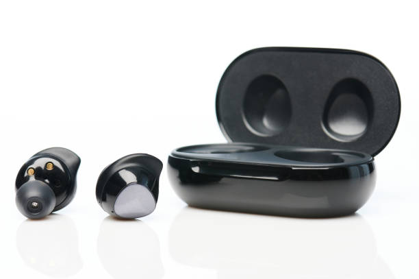 istock Black wireless earphones with case 1307056520