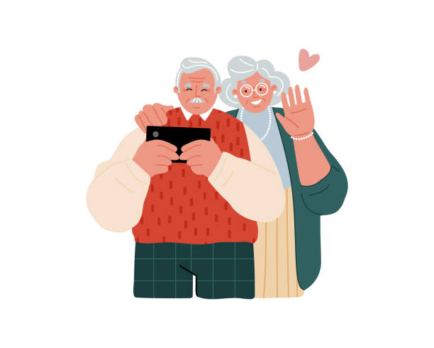 ein paar ältere menschen mit einem handy. senioren mit intelligenten geräten. - grandparent stock-grafiken, -clipart, -cartoons und -symbole