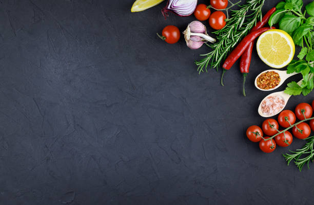 istock Colorful various herbs and spices for cooking on dark background, copy space, mock up, banner 1307058208