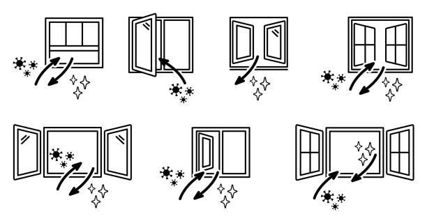 illustrazioni stock, clip art, cartoni animati e icone di tendenza di finestre aperte e scambio d'aria. insieme di immagini della linea della finestra vettoriale - house dust allergy