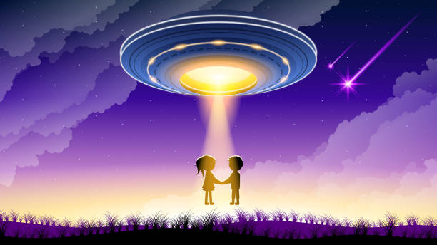 istock Abstract Sky Forest Background Silhouette With Flying Sauce Ufo NIght Kidnaps People Vector Design Style 1307059685