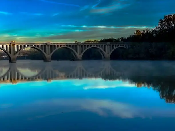 RF&P Railroad Bridge and sky reflected in the still blue waters of the Rappahanock River.