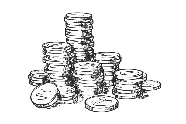 Coins stacks money Stacks of coins isolated on white background. Money. Vector hand drawn vintage engraving illustration. change drawings stock illustrations