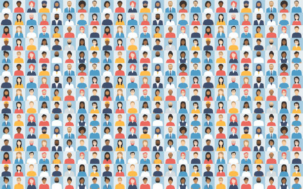 People Avatar Big Crowd - Diverse Empty Faces - vector abstract illustration. Video Conference Screen. Social Network People Avatar Big Crowd - Diverse Empty Faces - vector abstract illustration. Video Conference Screen. Social Network cartoon characters with big heads stock illustrations