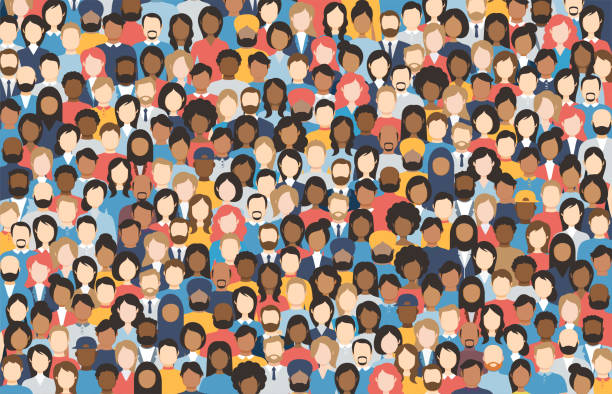 Multicultural Crowd of People. Group of different men and women. Young, adult and older peole. European, Asian, African and Arabian People. Empty faces. Vector illustration. Multicultural Crowd of People. Group of different men and women. Young, adult and older peole. European, Asian, African and Arabian People. Empty faces. Vector illustration. cartoon characters with big heads stock illustrations