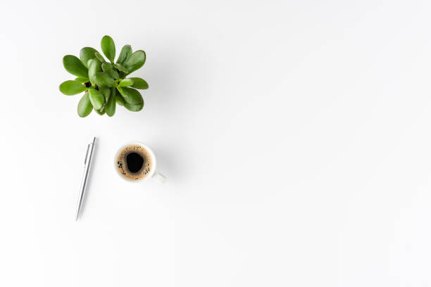 istock Elegant office desktop with coffee, pen and small succulent isolated on white background with copyspace. Modern workplace 1307067440