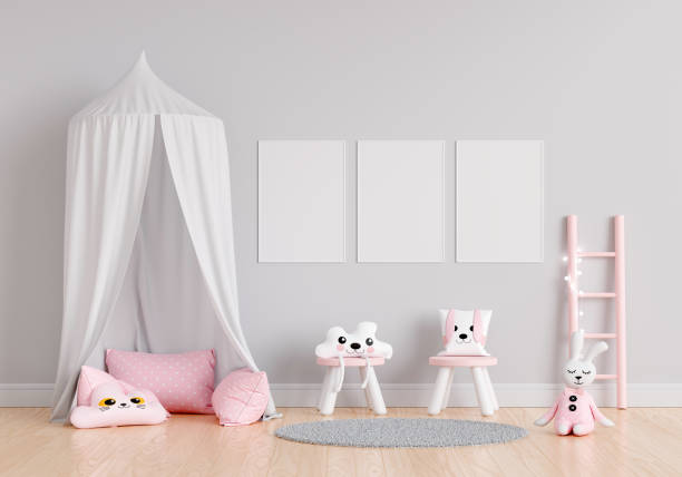 istock Gray children room with frame mockup, 3D rendering 1307067517