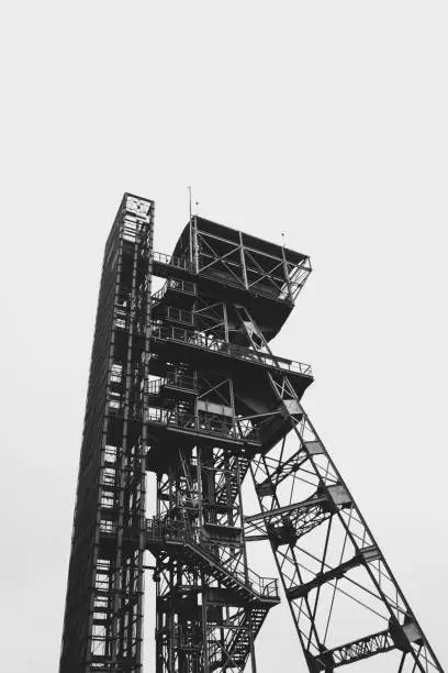 Photo of Mine shaft tower in Katowice, Poland, black and white