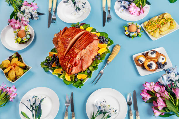 istock Festive Easter table with ham, salad and pancakes. 1307070736