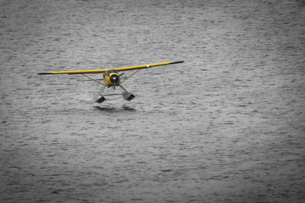 A Sydney Seaplanes De Havilland Canada DHC-2 Beaver seaplane, registration VH-NXF, moored at Rose Bay in Sydney Harbour. This image was taken from a public passenger ferry on a cold and partly cloudy afternoon on 8 June 2024.