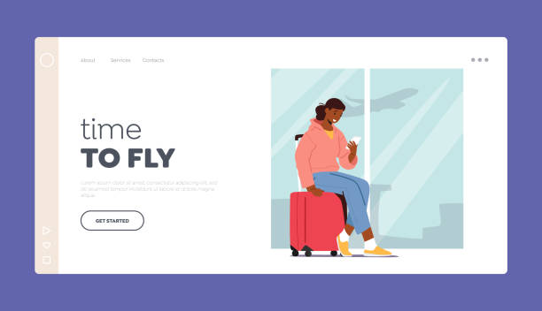 illustrazioni stock, clip art, cartoni animati e icone di tendenza di modello pagina di destinazione del viaggio aereo. il personaggio femminile si siede sullo smartphone della stiva in mano in attesa della partenza in aeroporto - one person adult air vehicle commercial airplane