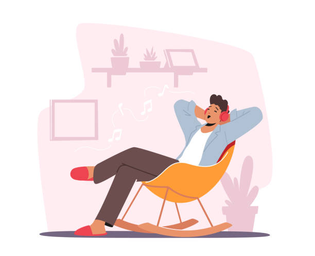 ilustraciones, imágenes clip art, dibujos animados e iconos de stock de joven con auriculares sentado en pose relajada en sillón en casa escuchar música. personaje masculino con auriculares - ocio