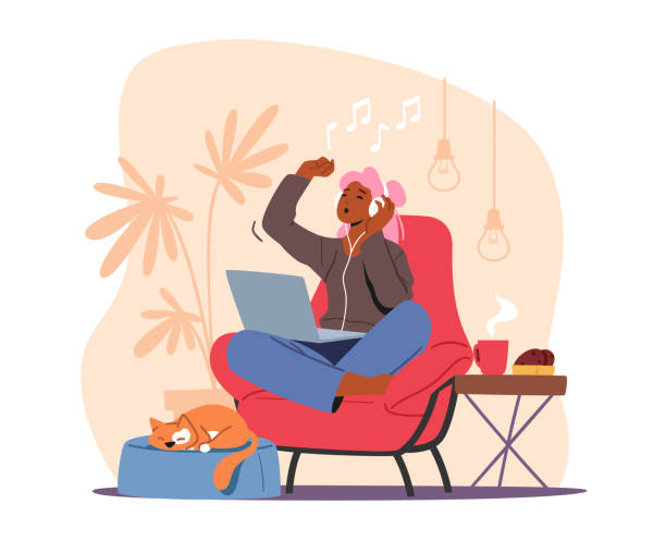 ilustraciones, imágenes clip art, dibujos animados e iconos de stock de personaje femenino joven en auriculares escuchar música en el ordenador portátil. mujer feliz se sienta en sillón moviendo cuerpo al ritmo de sonido - fun time audio