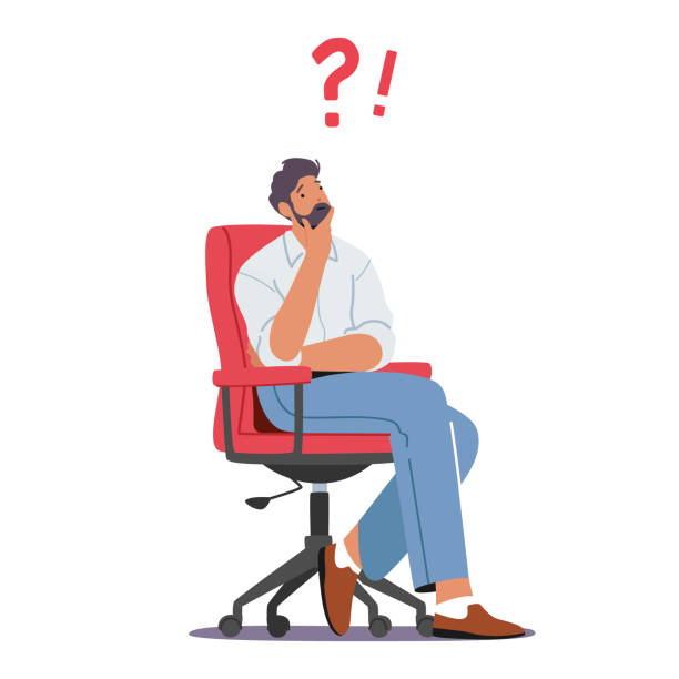 przemyślany biznesmen siedzący na fotelu holding chin z pytaniem i wykrzyknikami nad głową. męskie myślenie - office chair illustrations stock illustrations