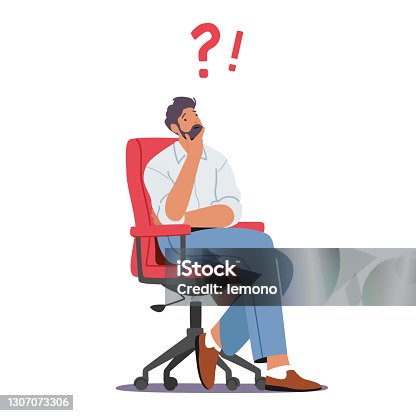 istock Thoughtful Business Man Sitting on Armchair Holding Chin with Question and Exclamation Marks above Head. Male Thinking 1307073306