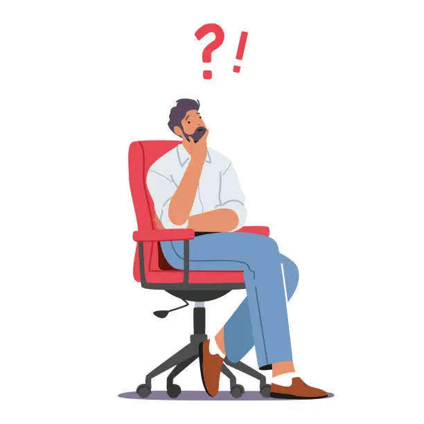 Vector illustration of Thoughtful Business Man Sitting on Armchair Holding Chin with Question and Exclamation Marks above Head. Male Thinking