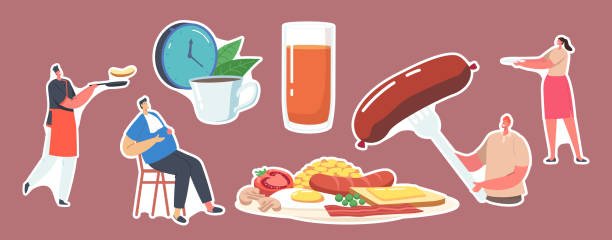 Set Stickers Characters Have English Full Fry Up Breakfast Bacon, Sausages with Fried Eggs, Beans and Toast with Tomato Set of Stickers Characters Have English Full Fry Up Breakfast Bacon, Sausages with Fried Eggs, Beans and Toast with Tomato, Mushroom and Juice. Clock, Tea and Overeat Man. Cartoon Vector Illustration eating breakfast stock illustrations
