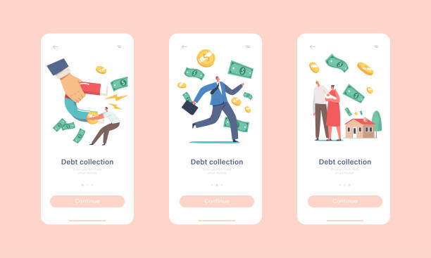 ilustrações de stock, clip art, desenhos animados e ícones de debt collection mobile app page onboard screen template. huge hand with magnet attracting money from tiny characters - tax poverty men currency