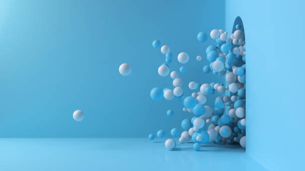 blue and white balls shoot out of the open door into a large bright room. background with copy space. 3d render illustration - blue ball imagens e fotografias de stock